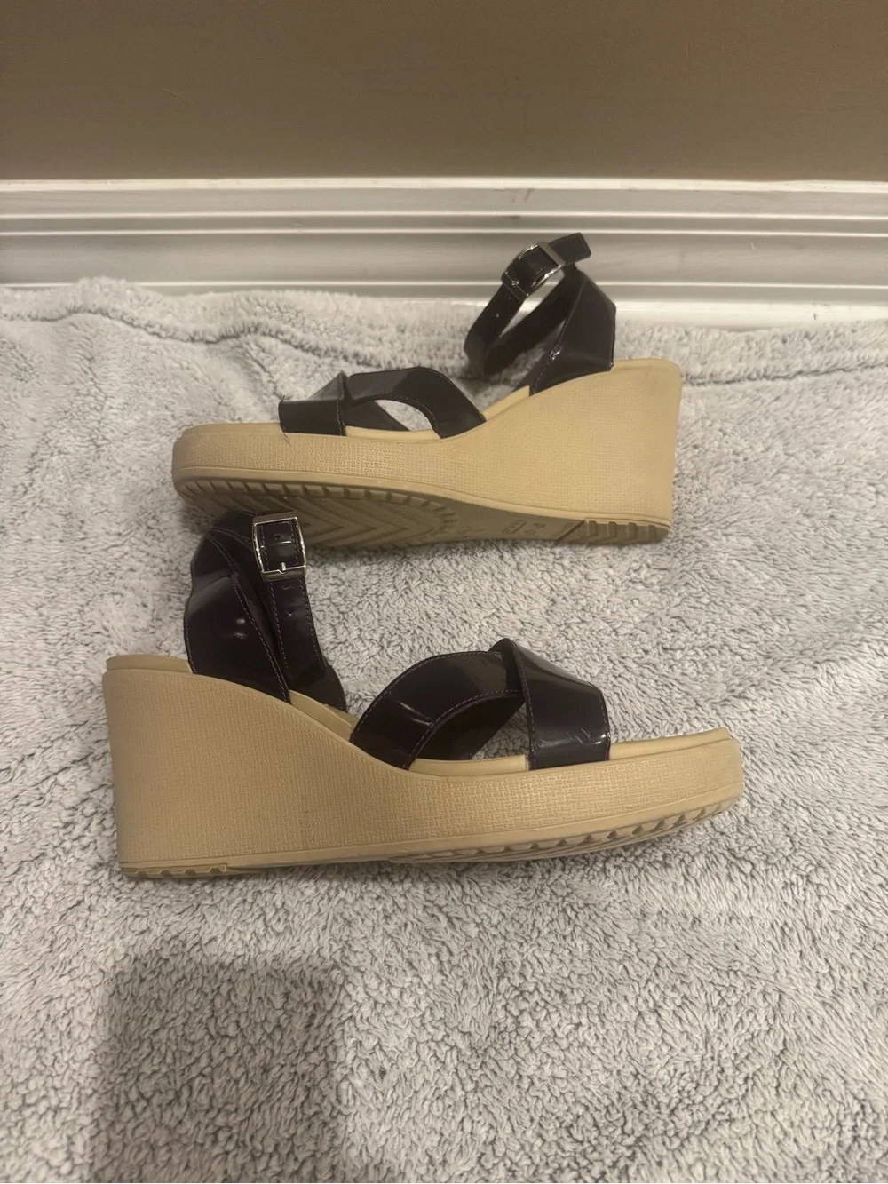 CROCS Patent Leather-Look Ankle Strap Wedges in dark purple and Tan